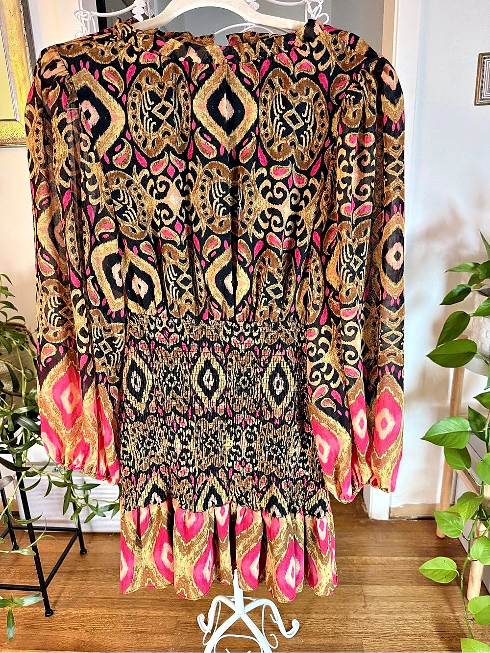 Olivaceous Boho Printed Smocked Mini Dress | Pink & Gold | Size Medium